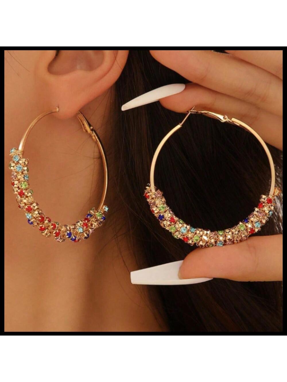 Large multicolor sparkle hoop - Earrings - Gold - CZs - 1.75" - Picture 3 of 4